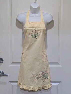 GUC Vintage Handmade Butter Yellow Kitchen Apron with Floral Embroidery
